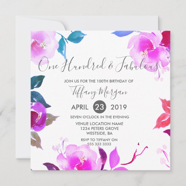 Pink Floral Fabulous 100th Birthday Party Invitation (Front)