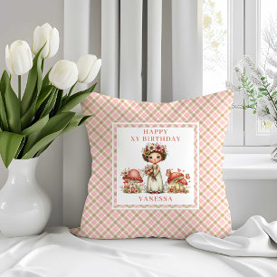 Pink Floral Fairy 4th Birthday Throw Pillow