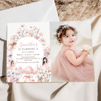 Pink Floral Fairy Birthday Photo Invitation