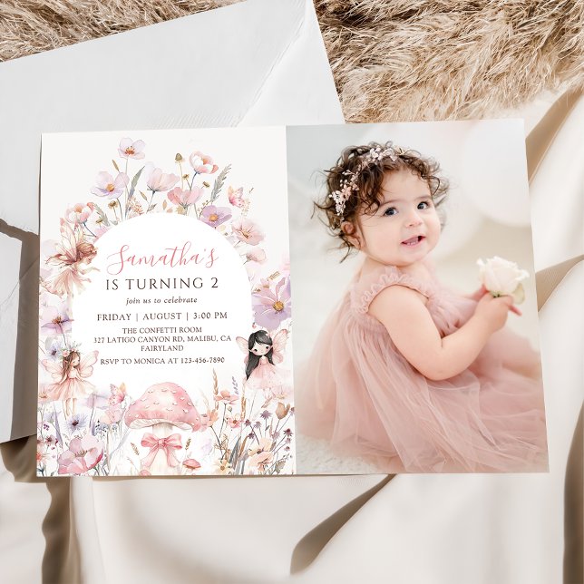 Pink Floral Fairy Birthday Photo Invitation (Creator Uploaded)