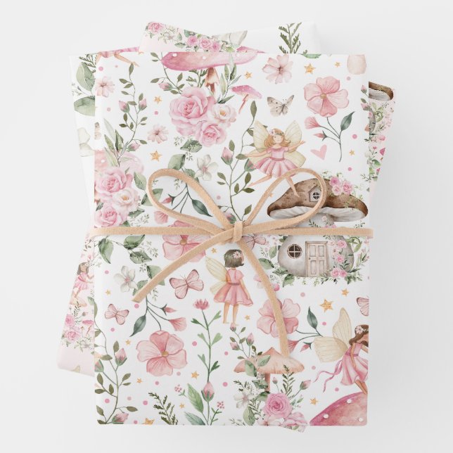 Pink Floral Fairy Enchanted Forest Tea Party Wrapping Paper Sheet (In situ)