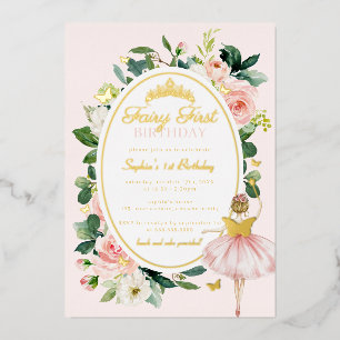 Pink Floral Fairy First 1st Birthday Gold 