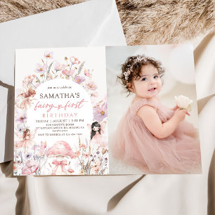 Pink Floral Fairy First Birthday Photo Invitation