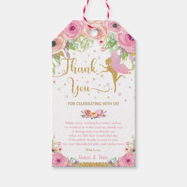 Pink Floral Fairy Gold Baby Shower Thank You Gift Tags (Front)