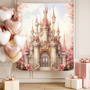 Pink Floral Fairytale Castle Tapestry