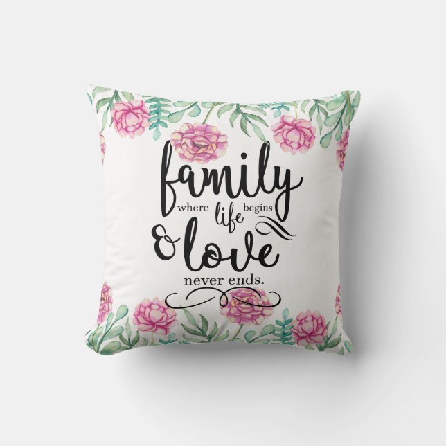 Pink Floral Family Throw Pillow (Front)