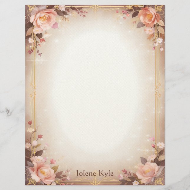 Pink Floral Fantasy with a Gold Frame Stationery (Front)