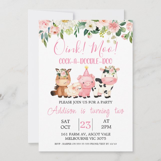 Pink Floral Farm Animals Birthday Invitation (Front)
