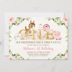 Pink Floral Farm Animals First Birthday Invitation