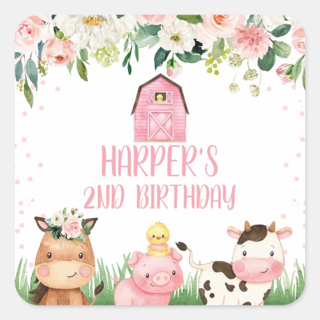 Pink Floral Farm Birthday Favour Sticker (Front)