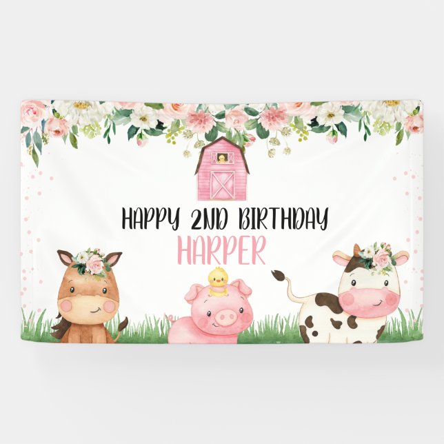 Pink Floral Farm Birthday Party Banner (Horizontal)