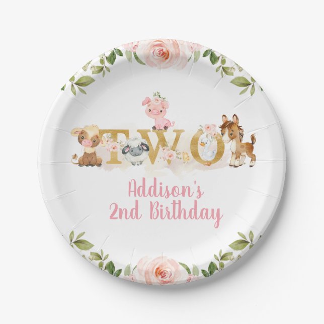 Pink Floral Farm Second Birthday Paper Plate (Front)