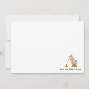 Pink Floral Faux Gold Monogram Name Letter A Card
