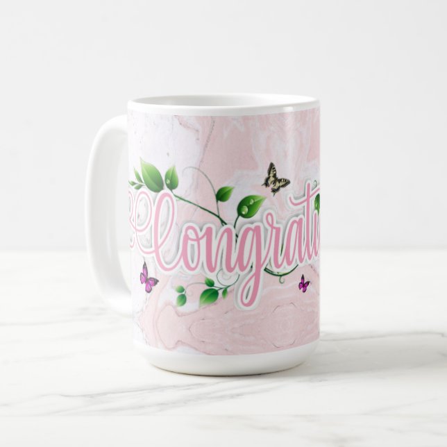Pink Floral Félicitations texte Mug (Devant gauche)