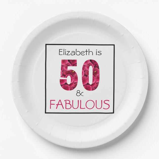 Pink Floral Fifty and Fabulous 50th Birthday Paper Plate (Front)