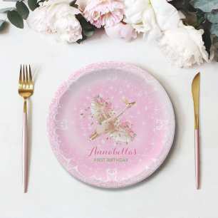 Pink Floral First Birthday Fairytale Swan Paper Plate