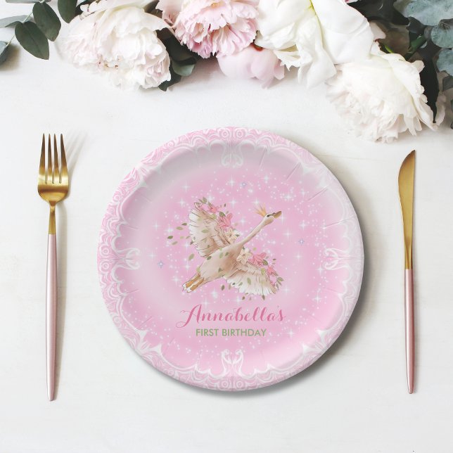 Pink Floral First Birthday Fairytale Swan  Paper Plate (Creator Uploaded)