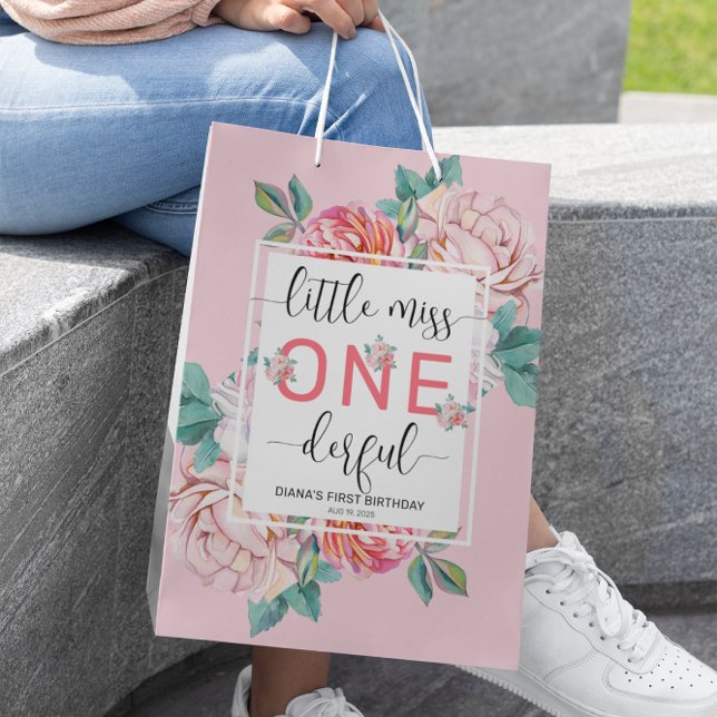 Pink Floral First Birthday  Medium Gift Bag (Creator Uploaded)