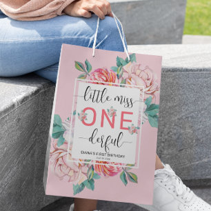Pink Floral First Birthday Medium Gift Bag