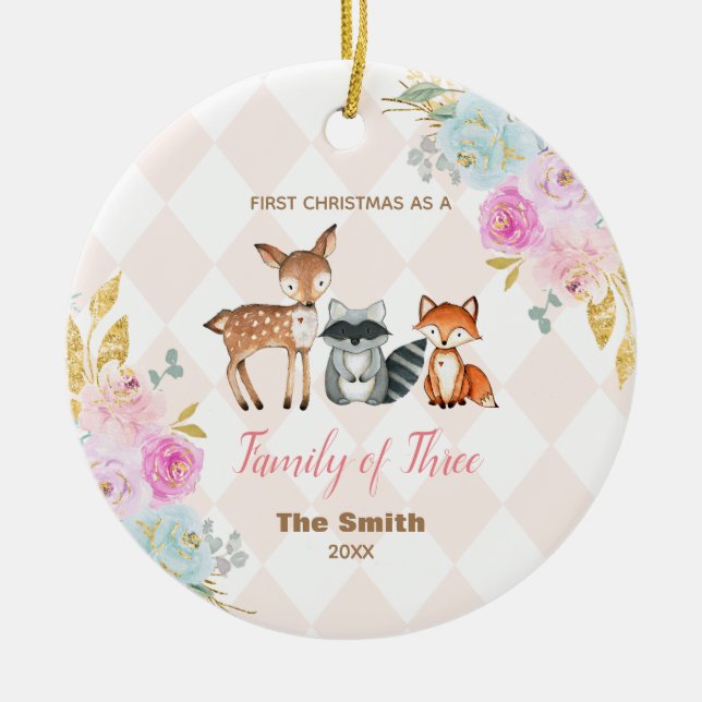  Pink Floral First Christmas as a Family of 3  Ceramic Ornament (Front)