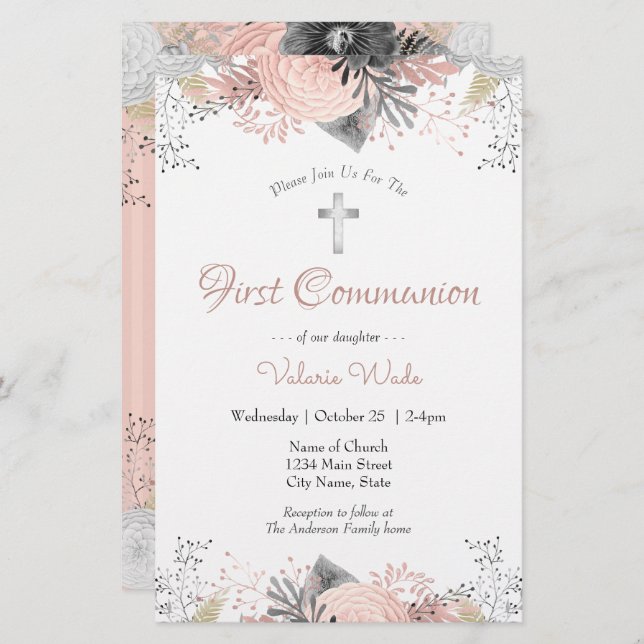Pink Floral First Communion Invitations (Front/Back)