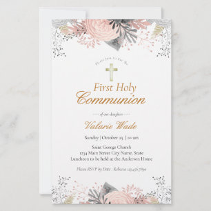 Pink Floral First Communion Invitations