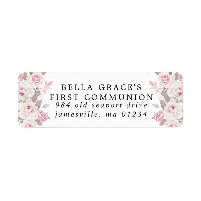 Pink Floral First Communion Return Address Label (Front)