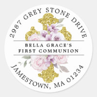 Pink Floral First Communion Return Address Label