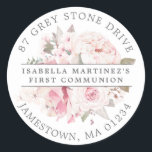 Pink Floral First Communion Return Address Label<br><div class="desc">Add a special touch to all your First Communion invitation envelopes with this elegant round design. It features a bouquet of blush pink roses and white peonies in the centre. Sage green leaves give it a rustic botanical vibe. Your name and First Communion are written across the centre on a...</div>