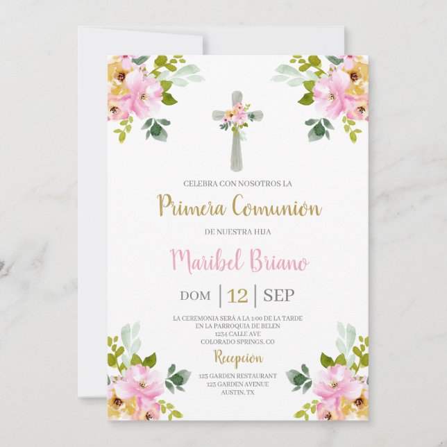 Pink Floral First Communion Spanish  Invitation (Front)