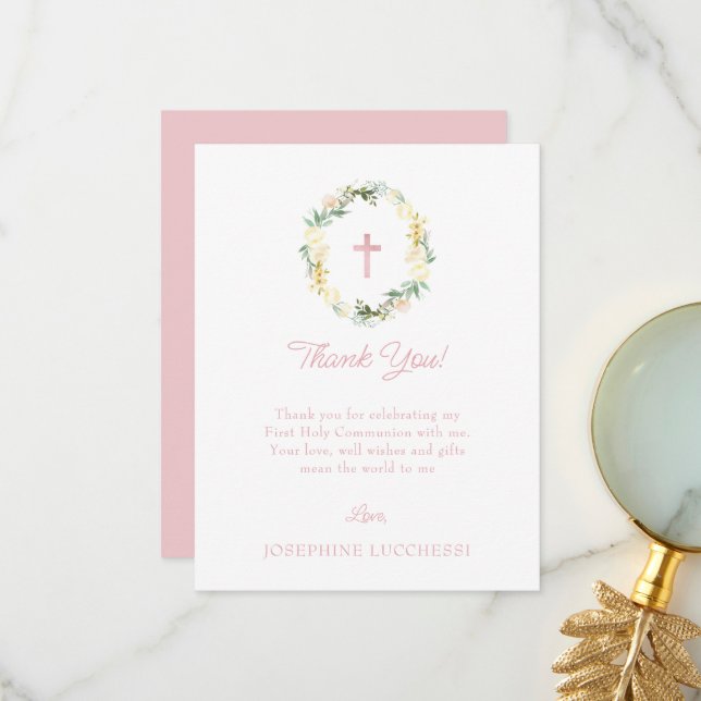 Pink Floral First Holy Communion Custom Thank You  Card (Front/Back In Situ)
