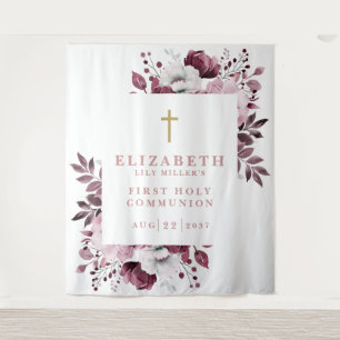 Pink Floral First Holy Communion Photo Backdrop Tapestry