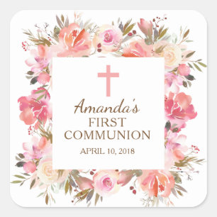 Pink Floral First Holy Communion Sticker