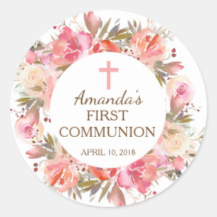 Pink Floral First Holy Communion Sticker