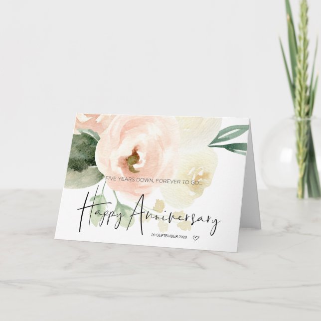 Pink Floral Five Year 5th Anniversary for Wife Card (Front)