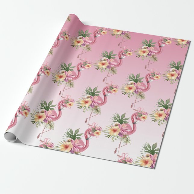 Pink Floral Flamingo Wrapping Paper (Unrolled)