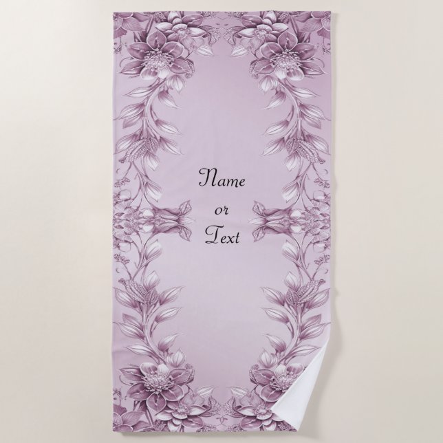 Pink Floral Foliage Beach Towel (Front)
