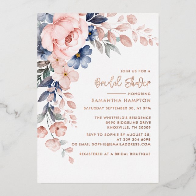 Pink Floral Foliage Bridal Shower Rose Gold (Front)