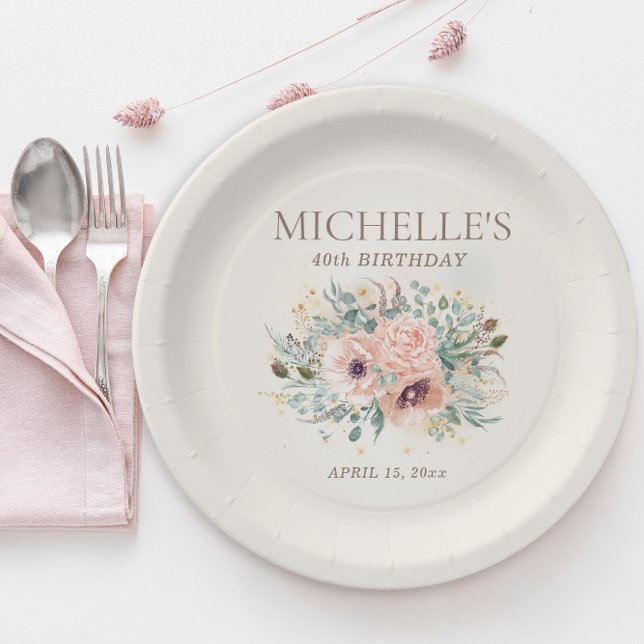Pink Floral Foliage Glitter 40th Birthday Paper Plate (Blush pink floral and sage green leaves birthday party paper plates)