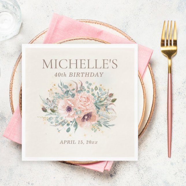 Pink Floral Foliage Glitter 40thBirthday Napkin (Blush pink floral and sage green leaves birthday party paper napkins)