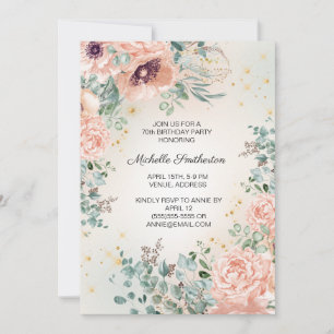 Pink Floral Foliage Gold Glitter 70th Birthday Invitation