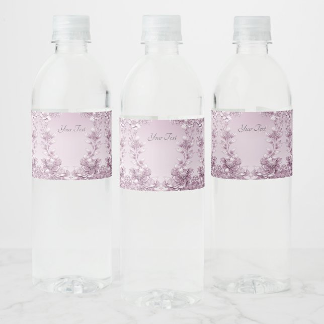 Pink Floral Foliage Water Bottle Label (Bottles)
