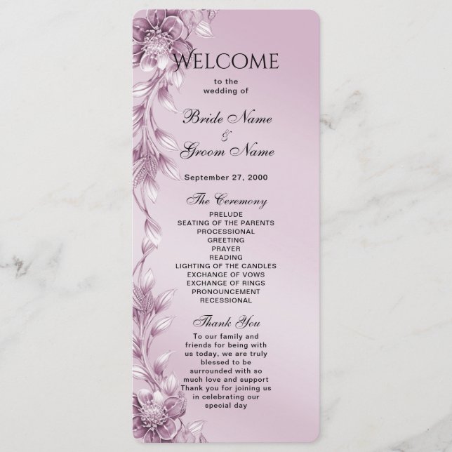 Pink Floral Foliage Wedding Program (Front)