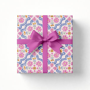 Pink Floral Folk Baby Shower Wrapping Paper