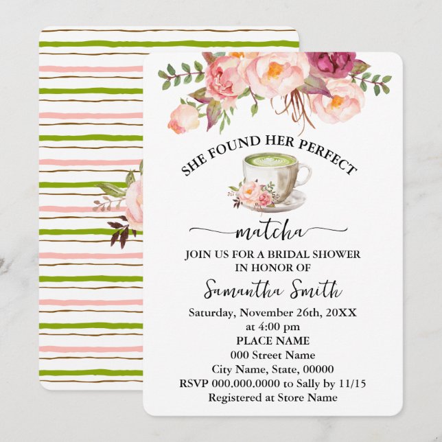 Pink Floral Found Her Perfect Matcha Bridal Shower Invitation (Front/Back)