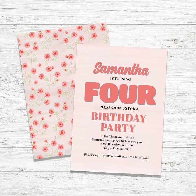 Pink Floral Fourth Birthday Girl Party Template (Girl's Fourth Birthday Party Invitation.)