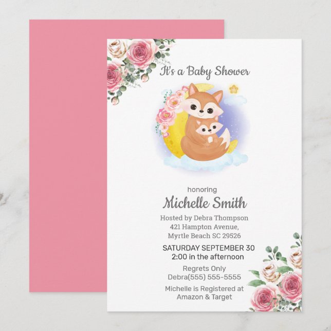 Pink Floral Fox Mom Baby Shower Invitation (Front/Back)