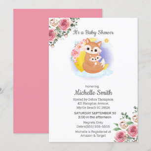 Pink Floral Fox Mom Baby Shower Invitation