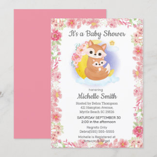 Pink Floral Fox Mom Baby Shower Invitation