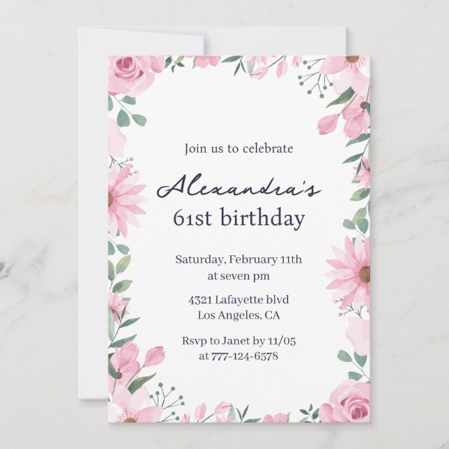 Pink Floral Frame 61st birthday invitations  (Front)